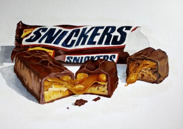 oil painting of Snickers cut open