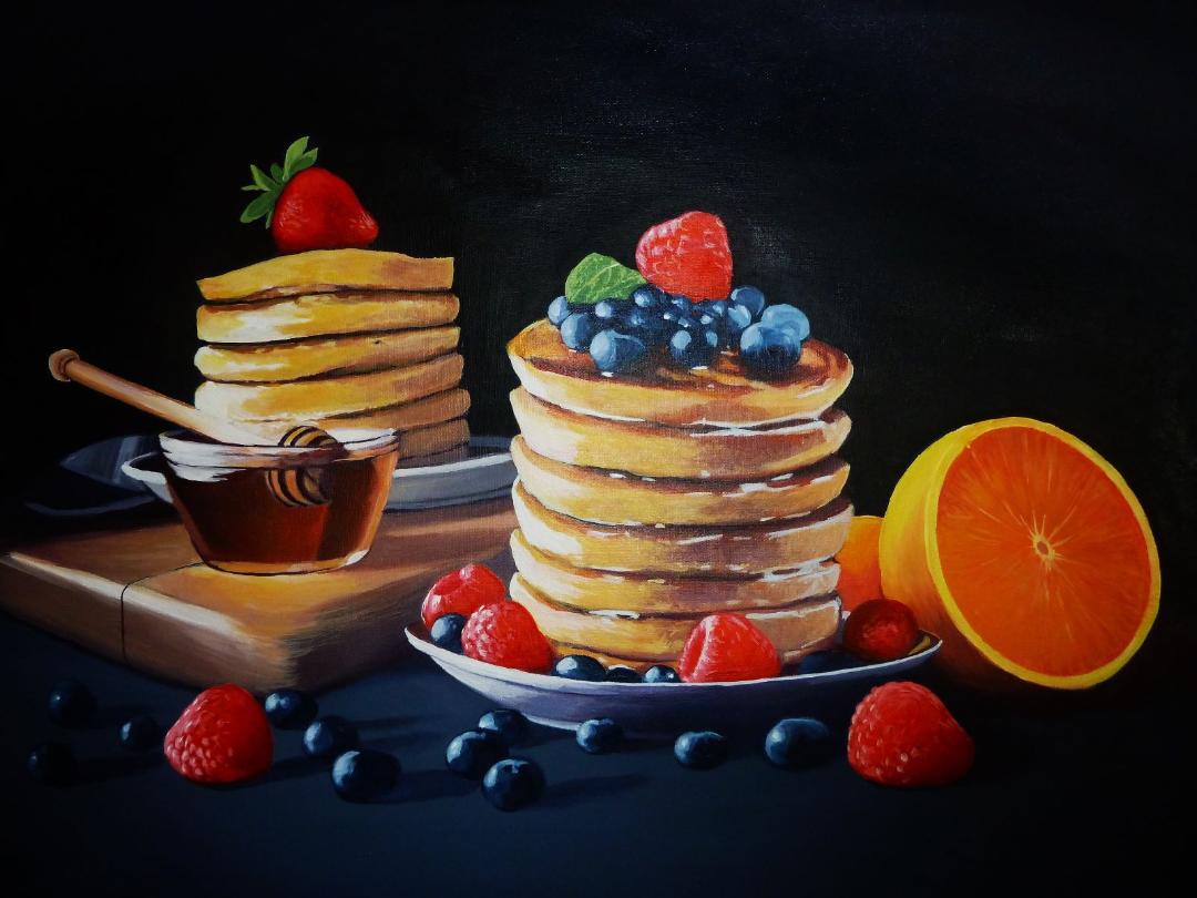 oil painting of pancakes meal with fruit